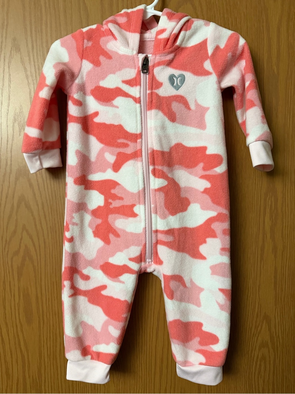 Hurley Pink and White Camouflage Fleece One-Piece with Hood